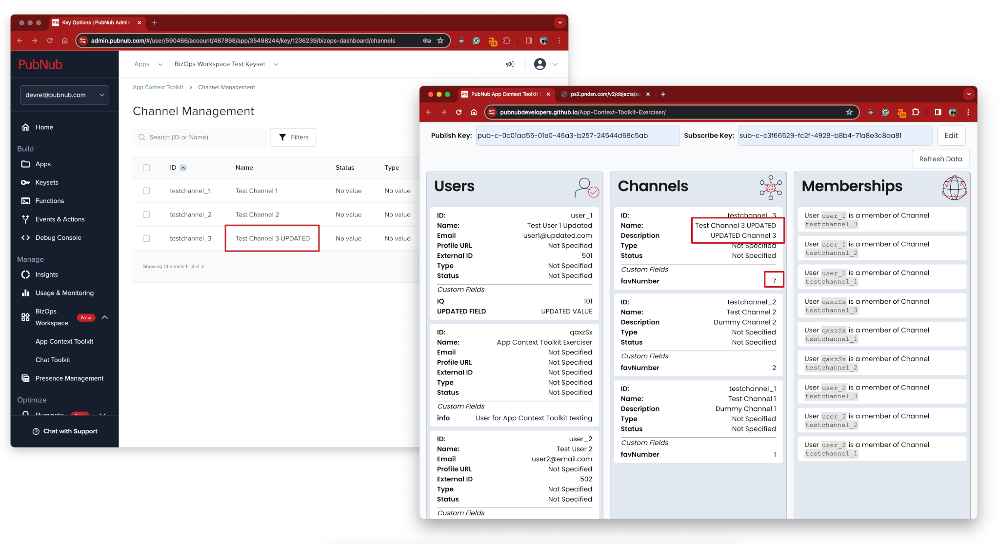 Interactive demo - changing a chanel's info