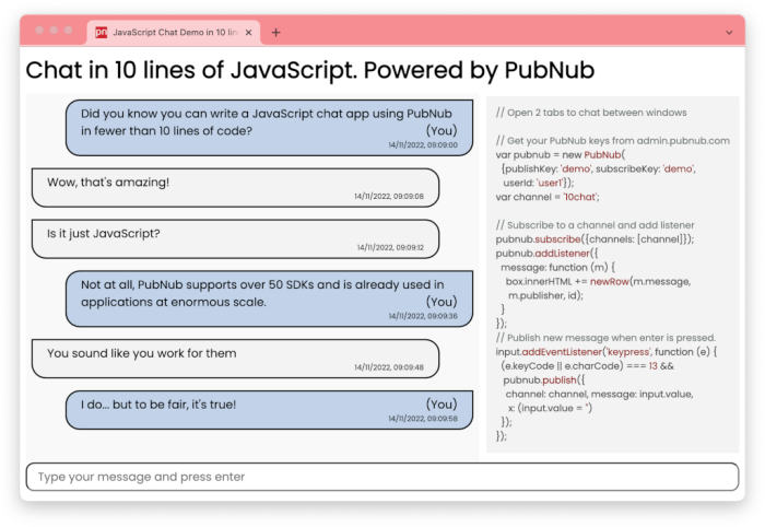 Chat in 10 lines of JavaScript