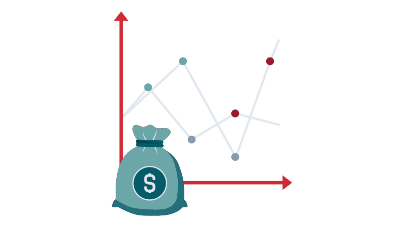 Money bag with dollar sign linked to fluctuating line graph on xy-axis denoting financial growth and decline trends.