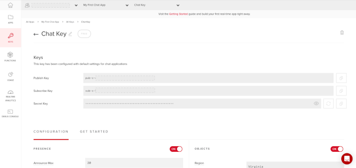 Get Chat Key from PubNub Portal 