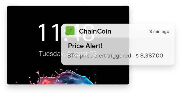 Smartphone screen with a cryptocurrency price alert notification for ChainCoin with a colorful abstract background.