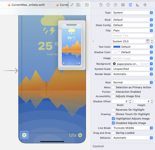 Weather application interface on a smartphone screen displaying a 25°C temperature with a sunny background within a development environment.