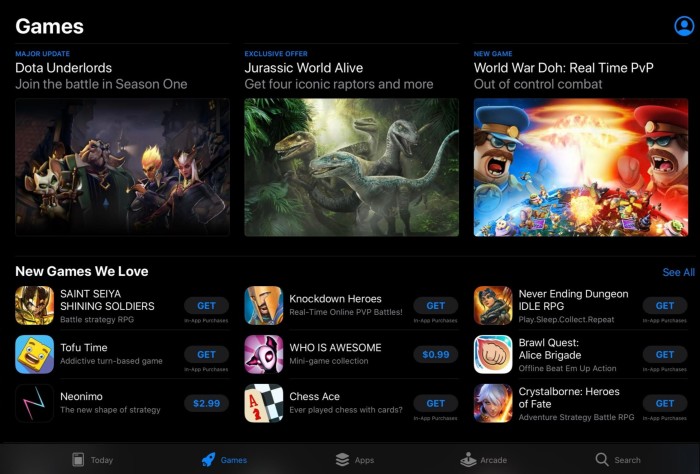 A screenshot of the iOS App Store Games page. 