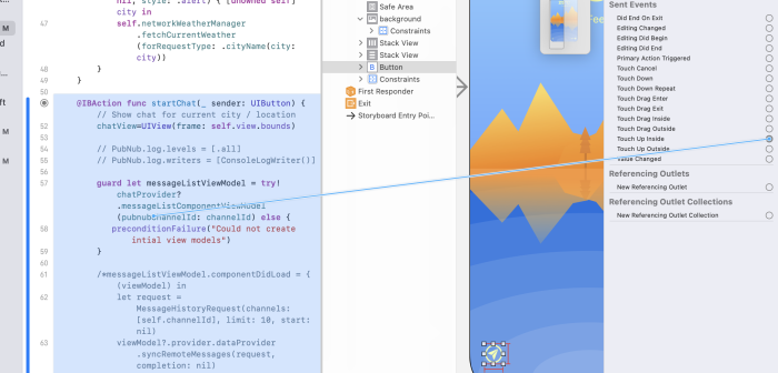 Computer interface showcasing a chat function implementation in Xcode with weather widget preview on iOS simulator.