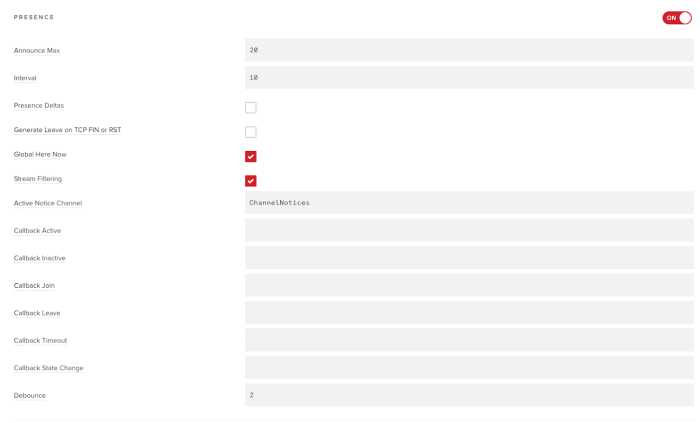 Presence options in the PubNub Admin Dashboard. Notice the fields for each event's callback URL.