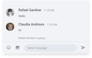 Messaging app conversation with users Rafael Gardner and Claudia Andrews exchanging greetings.