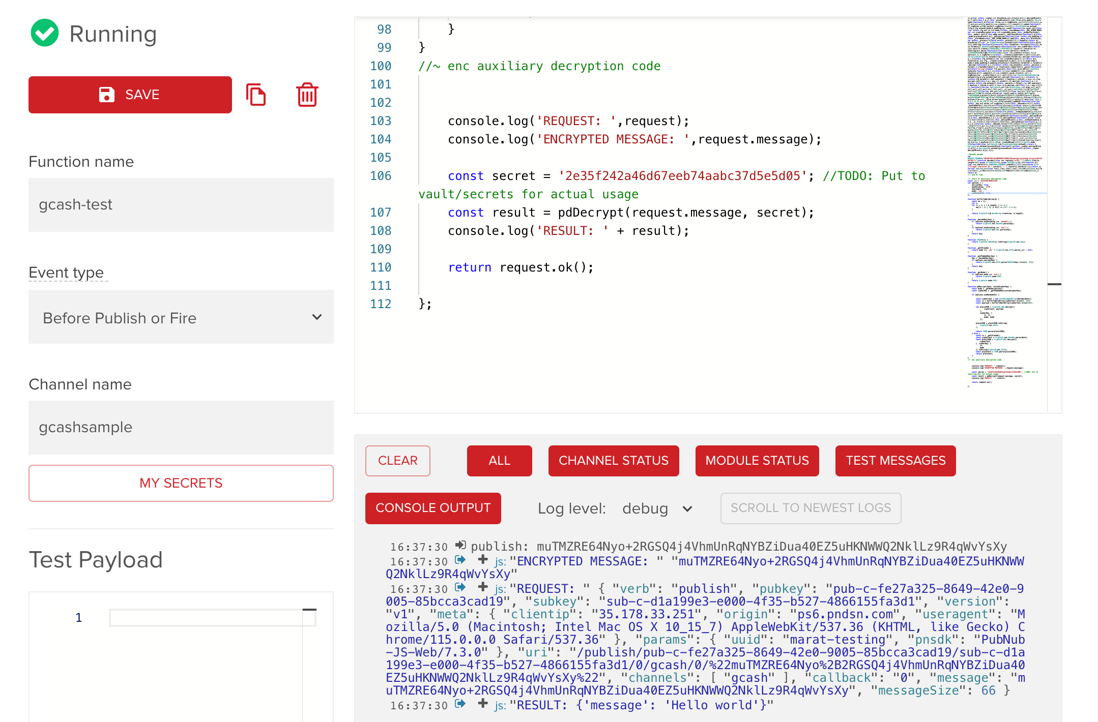 Development interface with code editor and console output displaying encryption and debugging information.