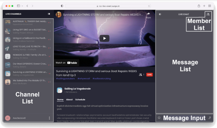 User interface of a video streaming platform showing a live channel with a lightning storm and boat repairs topic.