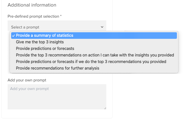 Computer screen displaying an online form with options to select a predefined prompt for statistical analysis.