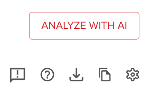 Red button labeled 'ANALYZE WITH AI' above icons for alerts, help, downloads, folders, and settings on a digital interface.