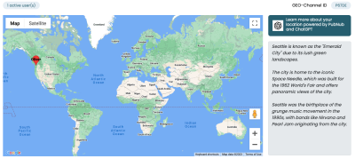 Interactive global map showing a single active user in Seattle with information about the city and its connection to the grunge music scene.